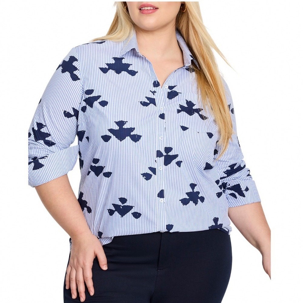 Nic+Zoe Plus Stamped Shirt Blue Multi Striped Button Down Tunic 1X S251612W NEW
